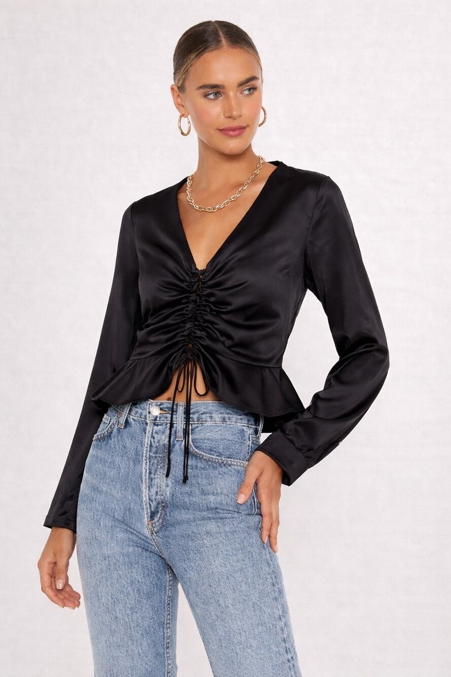 L’academie Satin Black Long Sleeve Peplum Blouse Top XXS Cropped Fancy Shirt